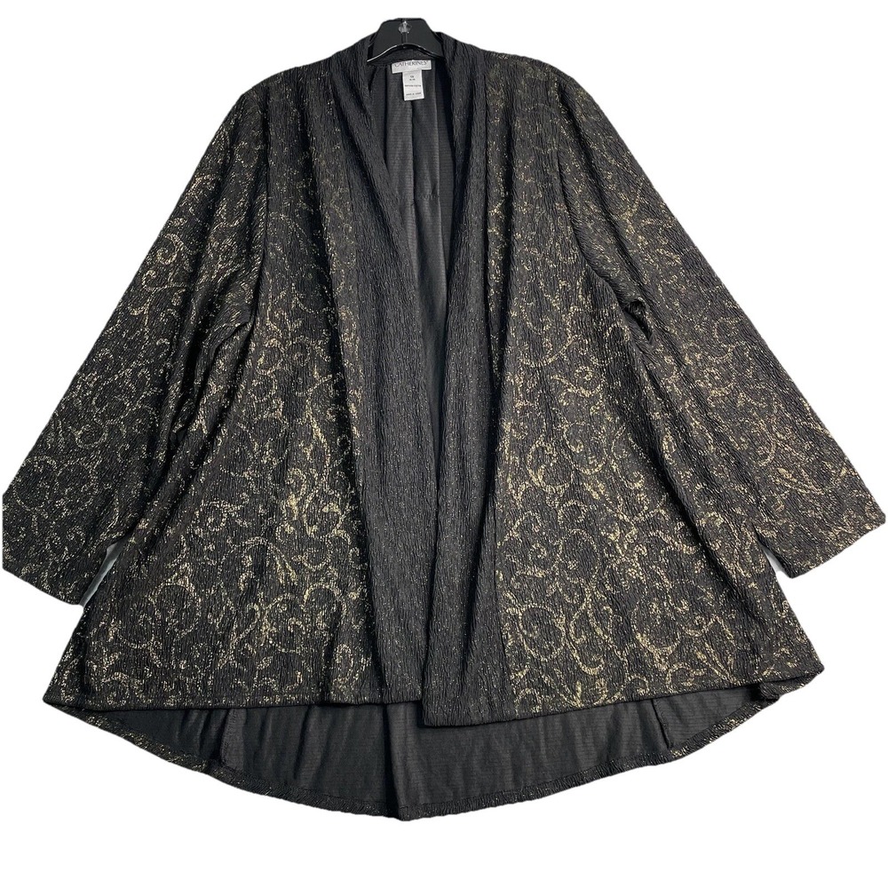 Catherines Open Cardigan  Womens 1X 18/20 Black Gold Sparkle Crinkled Metallic